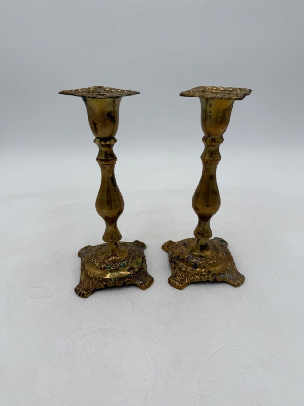 Vintage Ornate Brass Candlestick Holders Pair With Intricate Floral Base Design
